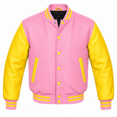 Baby Pink and Yellow Varsity Jacket with Wool Body and Leather Sleeves