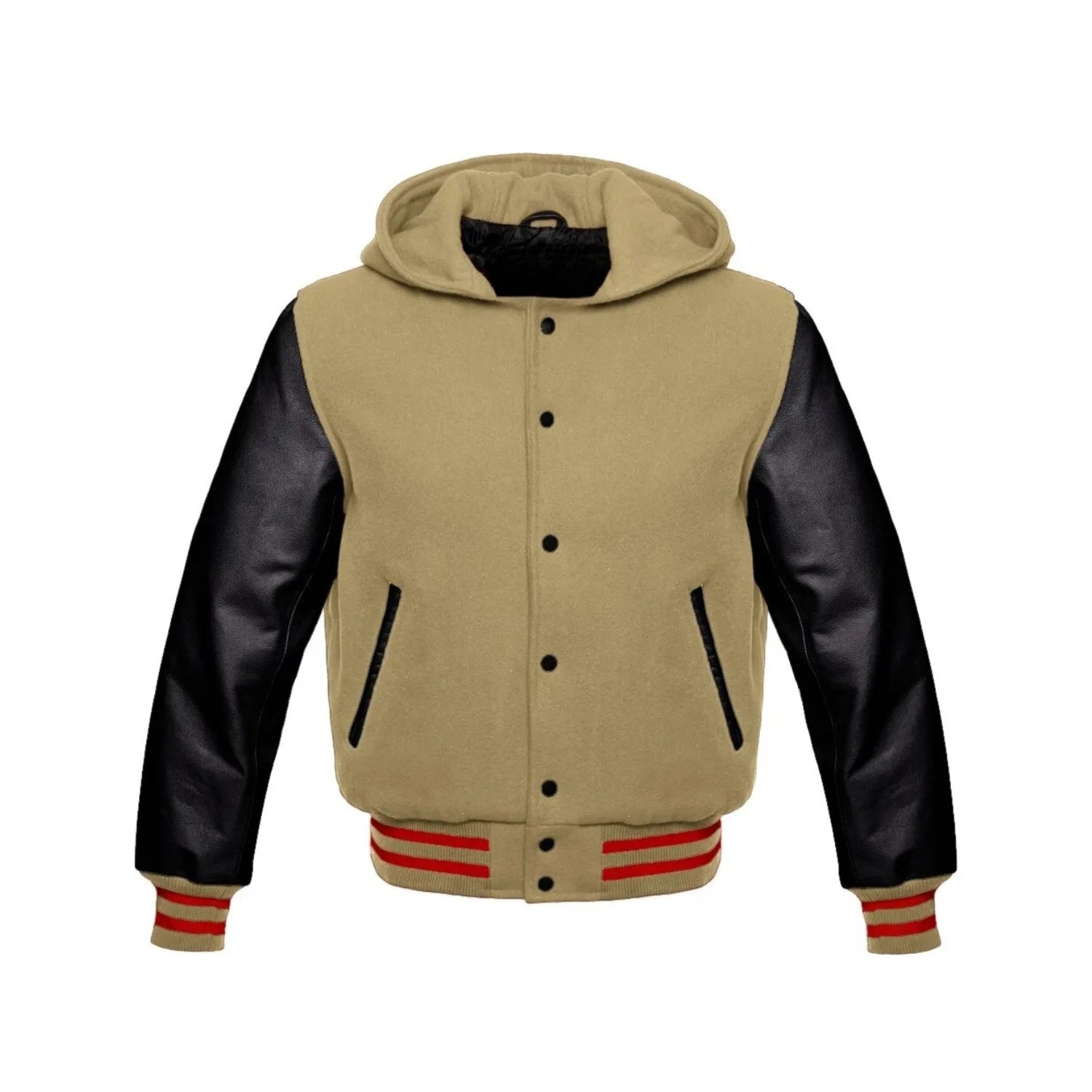 Beige Wool and Black Leather Hooded Varsity Jacket