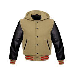 Beige Wool and Black Leather Hooded Varsity Jacket