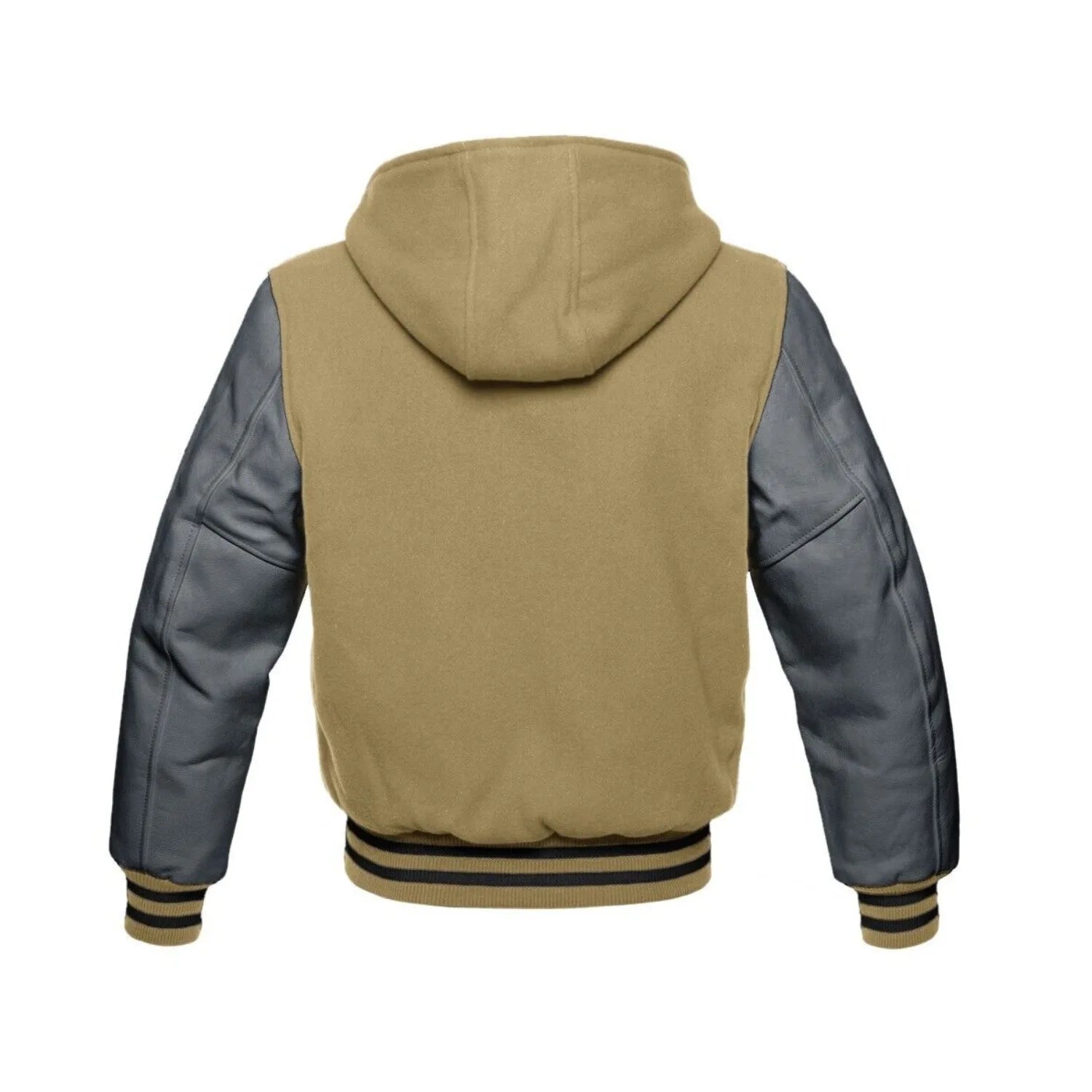 Beige Wool and Grey Leather Hooded Varsity Jacket Back Side