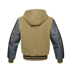 Beige Wool and Grey Leather Hooded Varsity Jacket Back Side