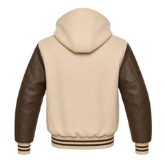 Beige and Brown Varsity Jacket with Hood