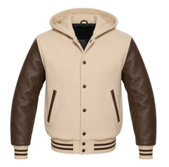 Beige and Brown Varsity Jacket with Hood