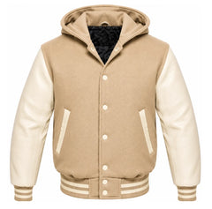 Beige and Cream Varsity Jacket with Hood