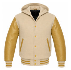 Beige and Gold Hooded Varsity Jacket