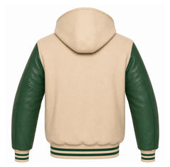 Beige and Green Varsity Jacket with Hood