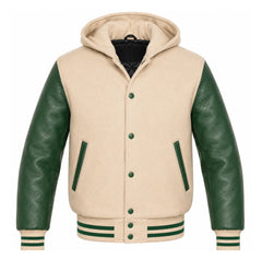 Beige and Green Varsity Jacket with Hood
