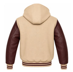 Beige and Maroon Hooded Varsity Jacket