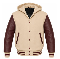 Beige and Maroon Hooded Varsity Jacket