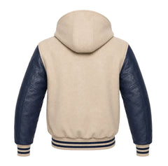Beige and Navy Blue Hooded Letterman Jacket