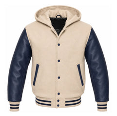 Beige and Navy Blue Hooded Letterman Jacket