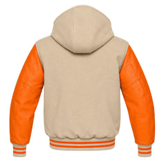 Beige and Orange Letterman Jacket with Hood