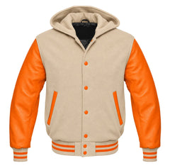 Beige and Orange Letterman Jacket with Hood