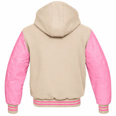 Beige and Pink Hooded Varsity Jacket