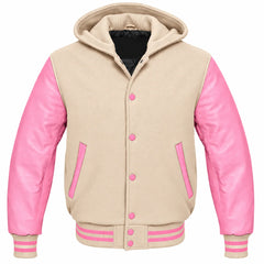 Beige and Pink Hooded Varsity Jacket