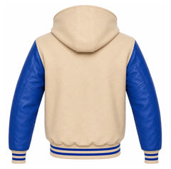 Beige and Royal Blue Varsity Jacket with Hood