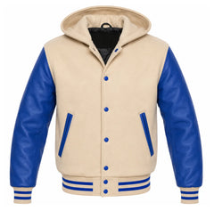 Beige and Royal Blue Varsity Jacket with Hood