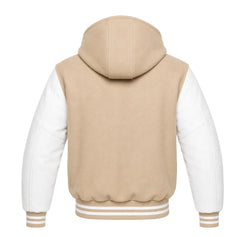 Camel and White Varsity Jacket with Hood