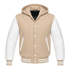 Camel and White Varsity Jacket with Hood