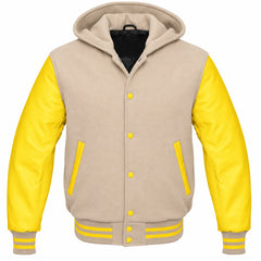 Beige and Yellow Hooded Varsity Jacket