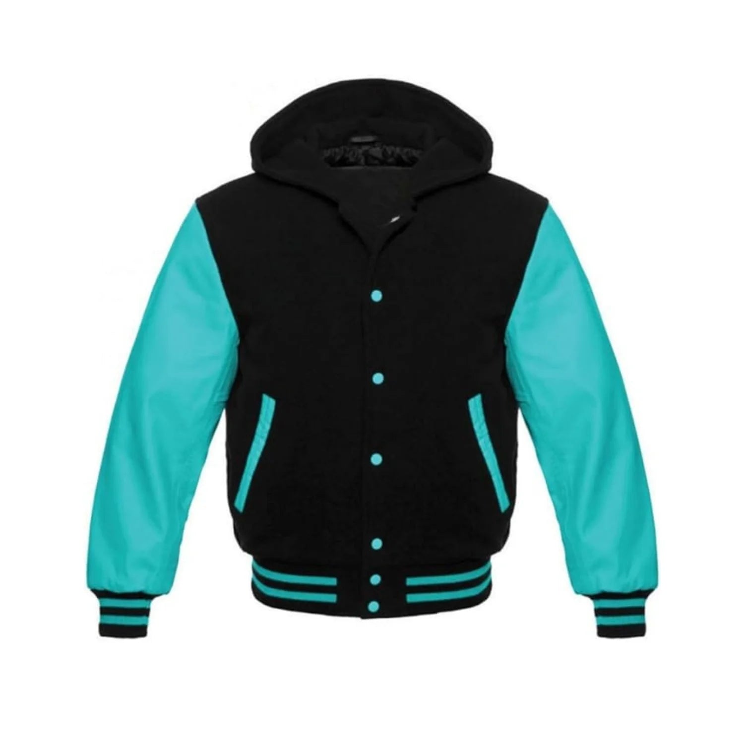 Black Wool and Aqua Leather Hooded Varsity Jacket