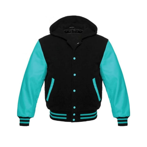 Black Wool and Aqua Leather Hooded Varsity Jacket