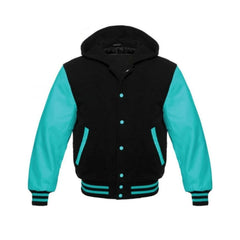 Black Wool and Aqua Leather Hooded Varsity Jacket