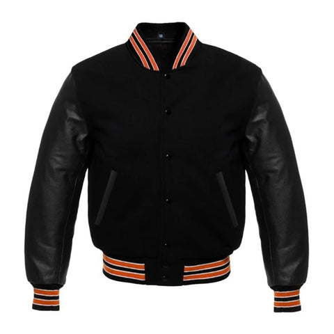 Black Wool and Black Leather Varsity Jacket