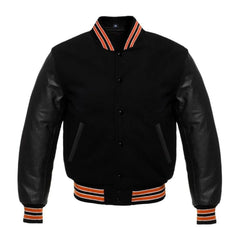 Black Varsity Jacket having Orange Trims with Wool Body and Leather Sleeves