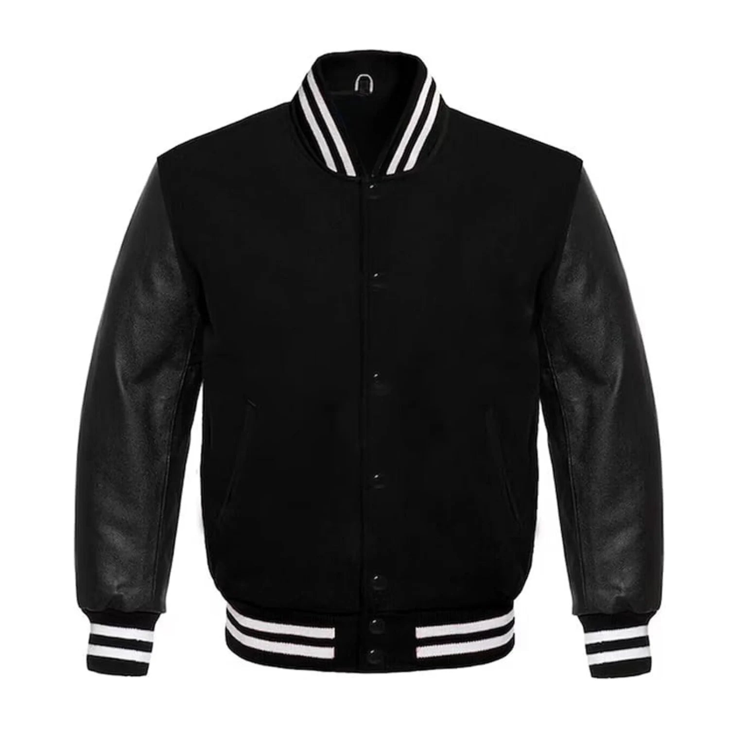 Black Wool and Black Leather Varsity Jacket