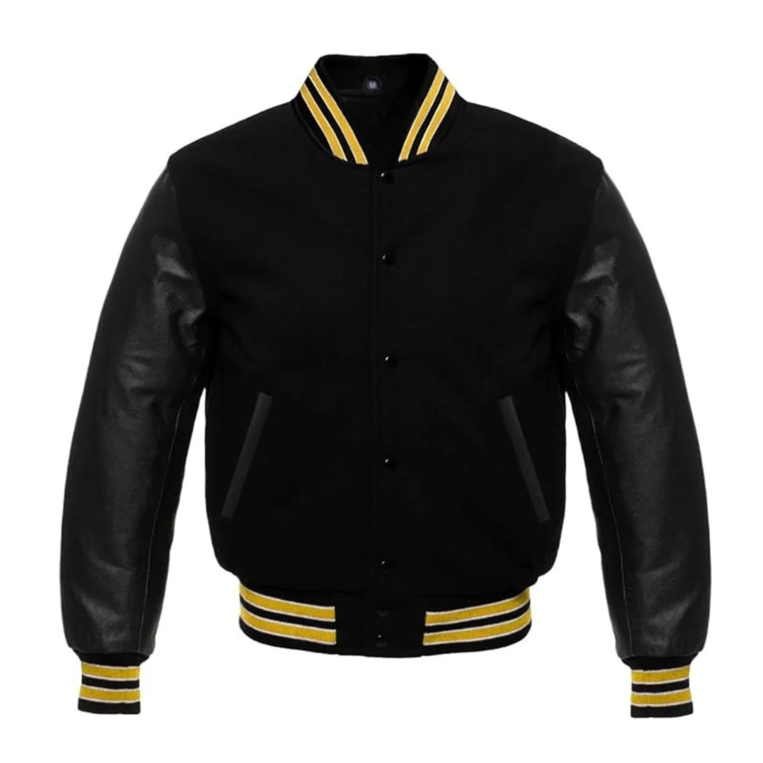 Black varsity jacket with yellow accents on a white background