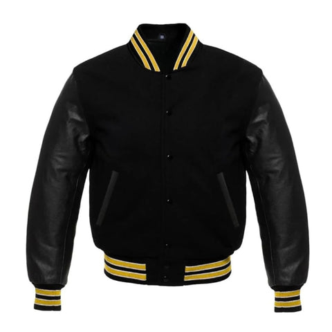 Black varsity jacket with yellow accents on a white background