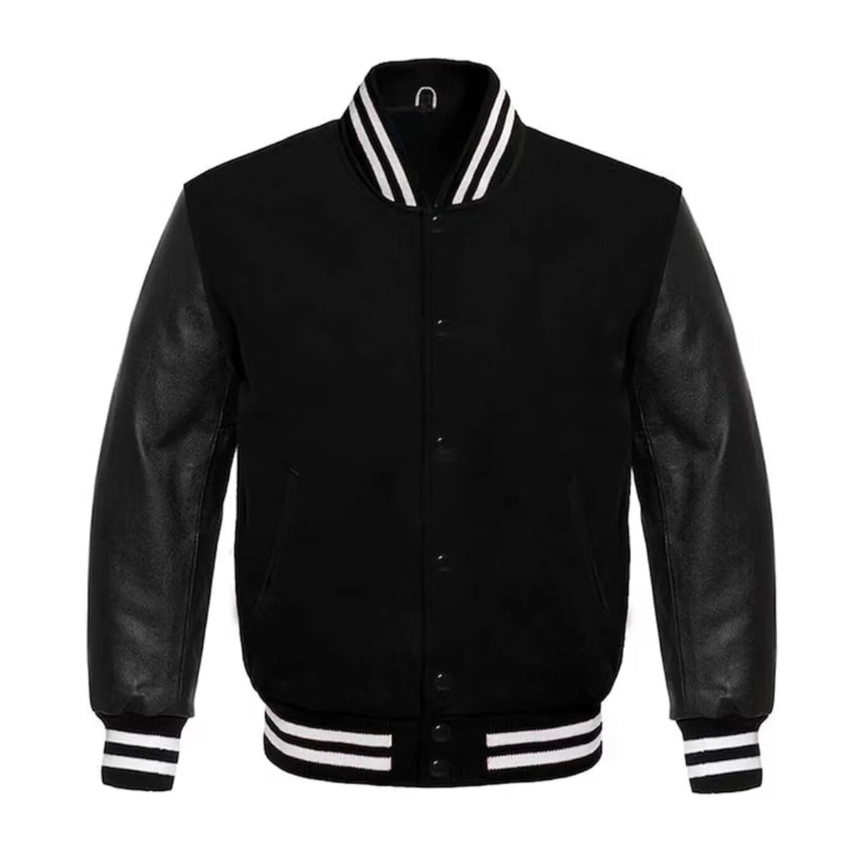 Black Wool and Black Leather Varsity Jacket