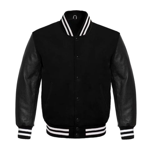 Black Wool and Black Leather Varsity Jacket