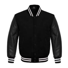 Black Varsity Jacket having White Trims with Wool Body and Leather Sleeves