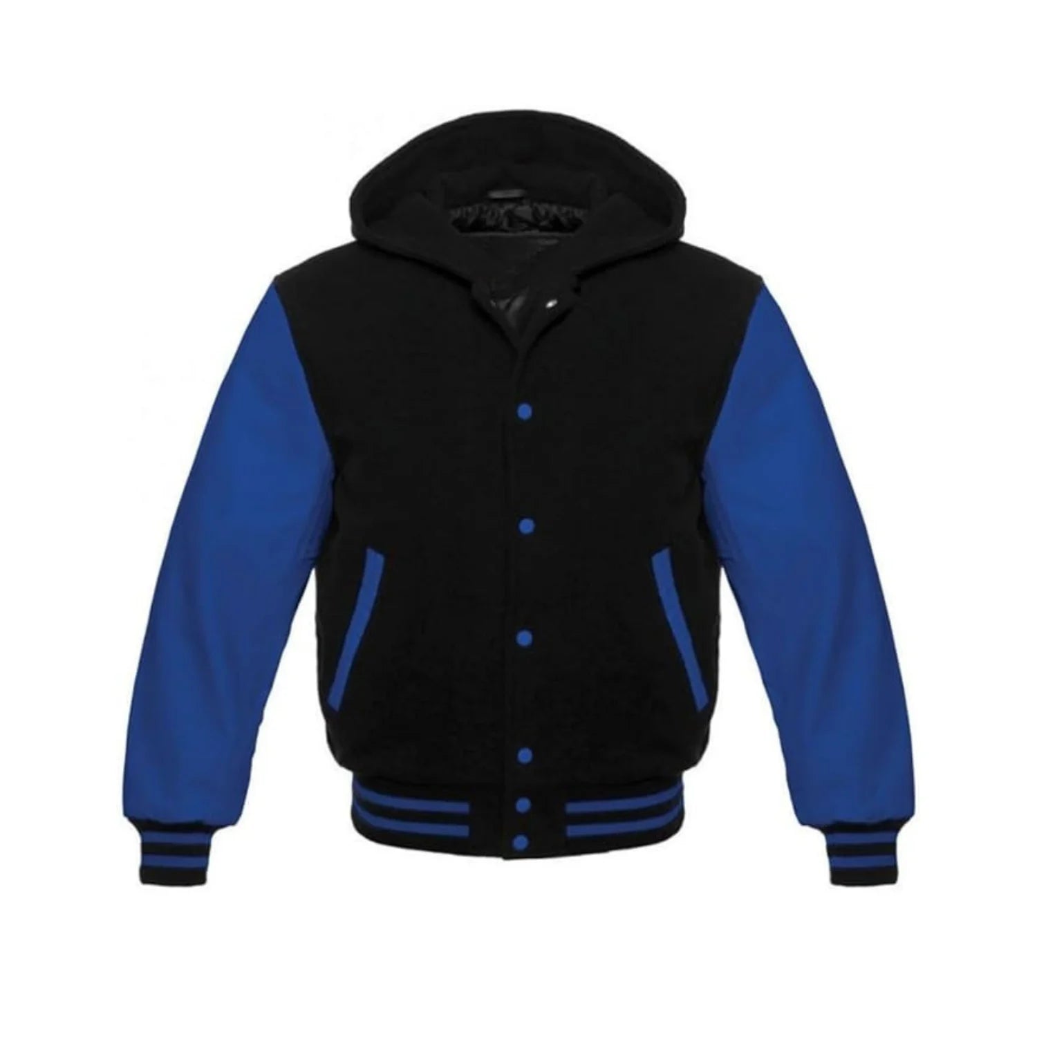 Black Wool and Blue Leather Hooded Varsity Jacket