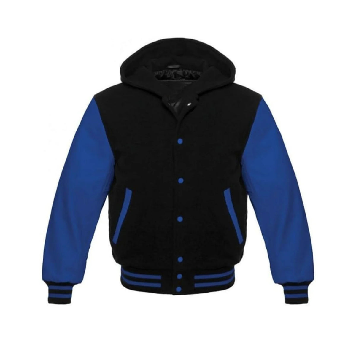 Black Wool and Blue Leather Hooded Varsity Jacket