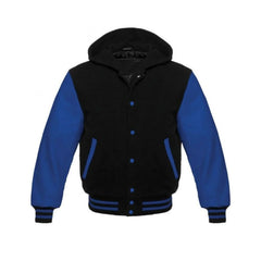 Black Wool and Blue Leather Hooded Varsity Jacket
