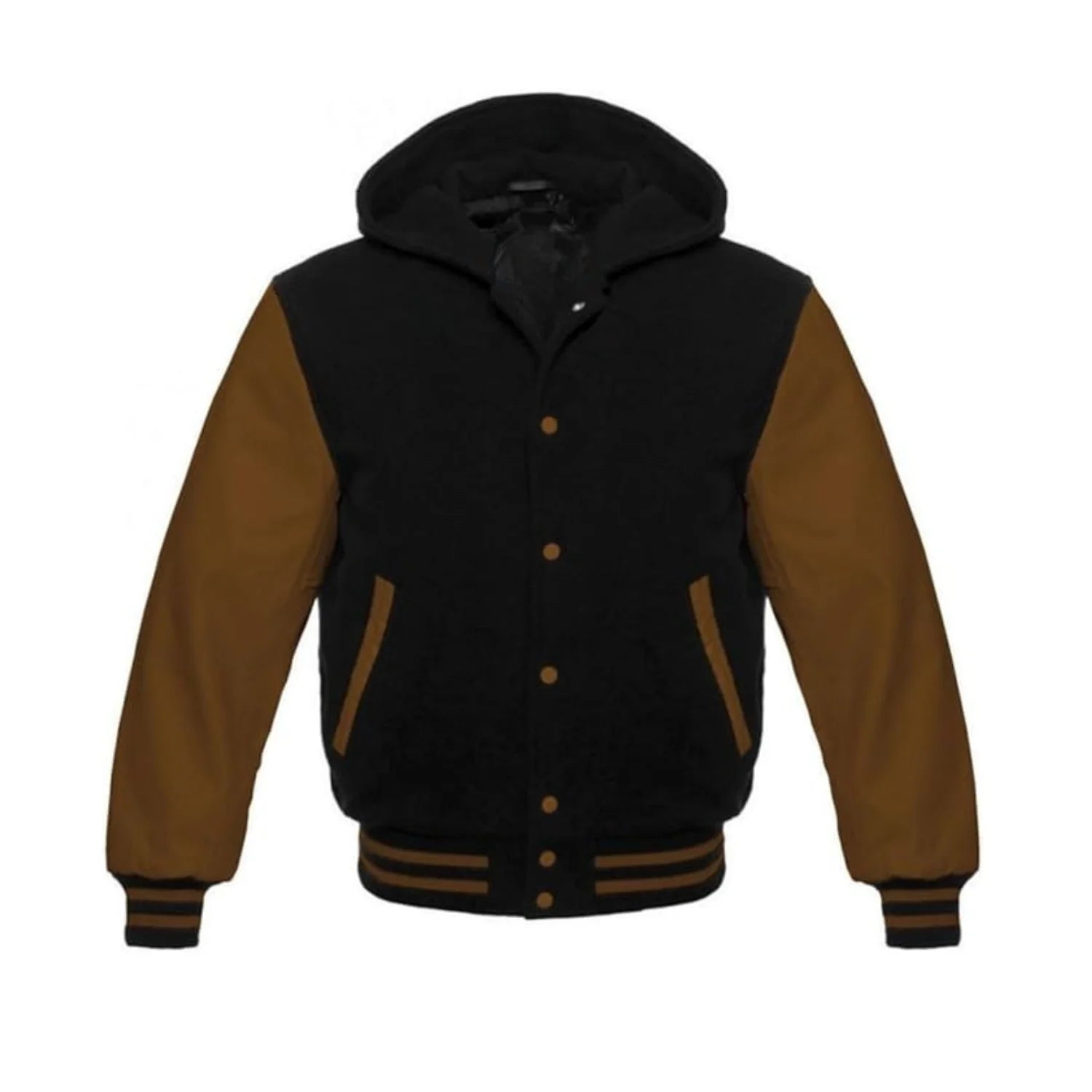 Black Wool and Brown Leather Hooded Varsity Jacket