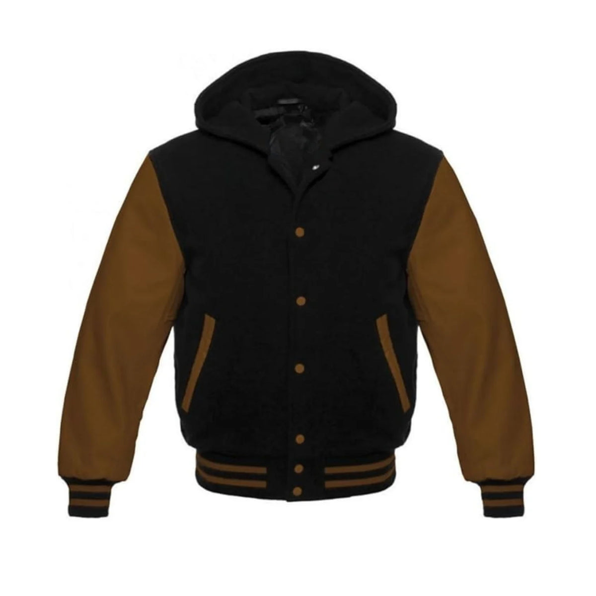 Black Wool and Brown Leather Hooded Varsity Jacket