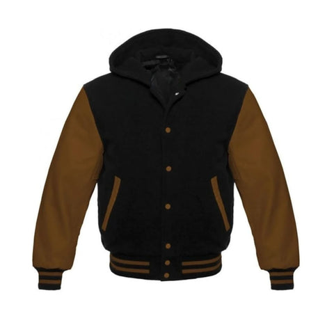Black Wool and Brown Leather Hooded Varsity Jacket