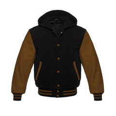 Black Wool and Brown Leather Hooded Varsity Jacket