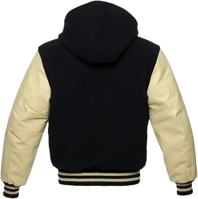 Black Wool and Cream Leather Hooded Varsity Jacket Back Side 