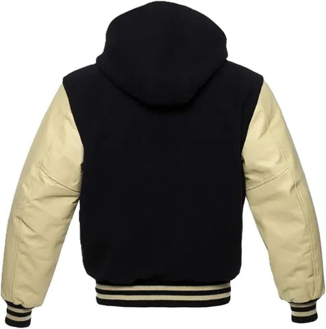 Black Wool and Cream Leather Hooded Varsity Jacket Back Side 
