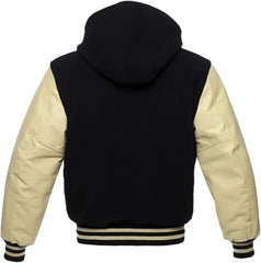 Black Wool and Cream Leather Hooded Varsity Jacket Back Side 