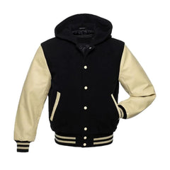 Black Wool and Cream Leather Hooded Varsity Jacket