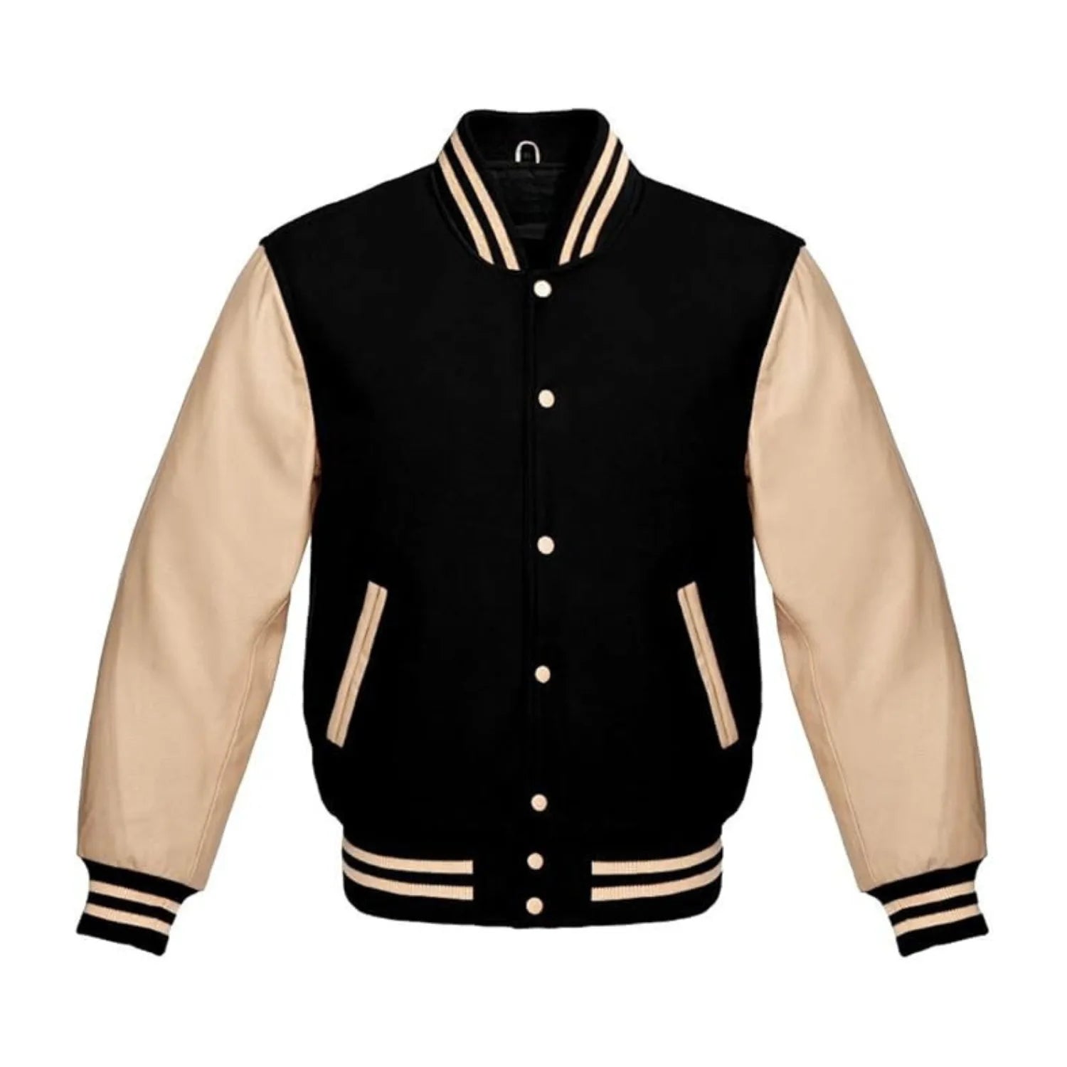 Black Wool and Cream Leather Varsity Jacket