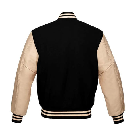 Black Wool and Cream Leather Varsity Jacket Back Side