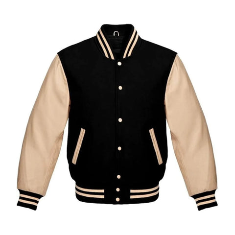 Black Wool and Cream Leather Varsity Jacket