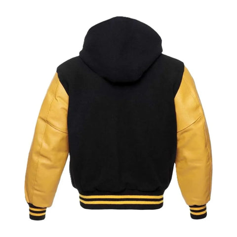 Black Wool and Gold Leather Hooded Varsity Jacket Back Side